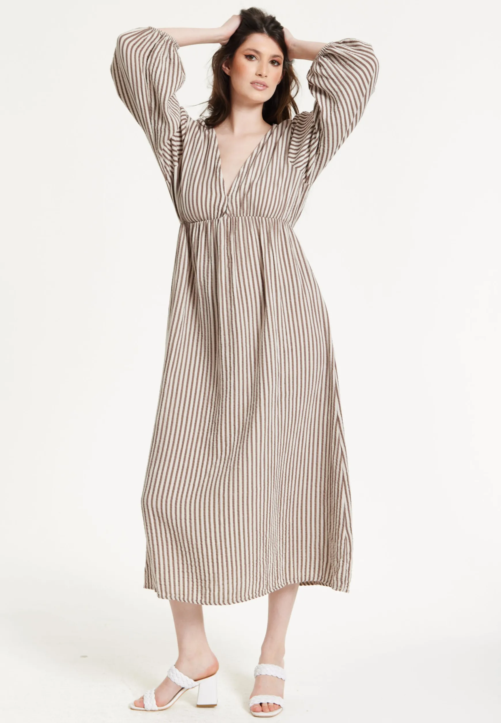 Taupe Stripe V-Neck Maxi Dress