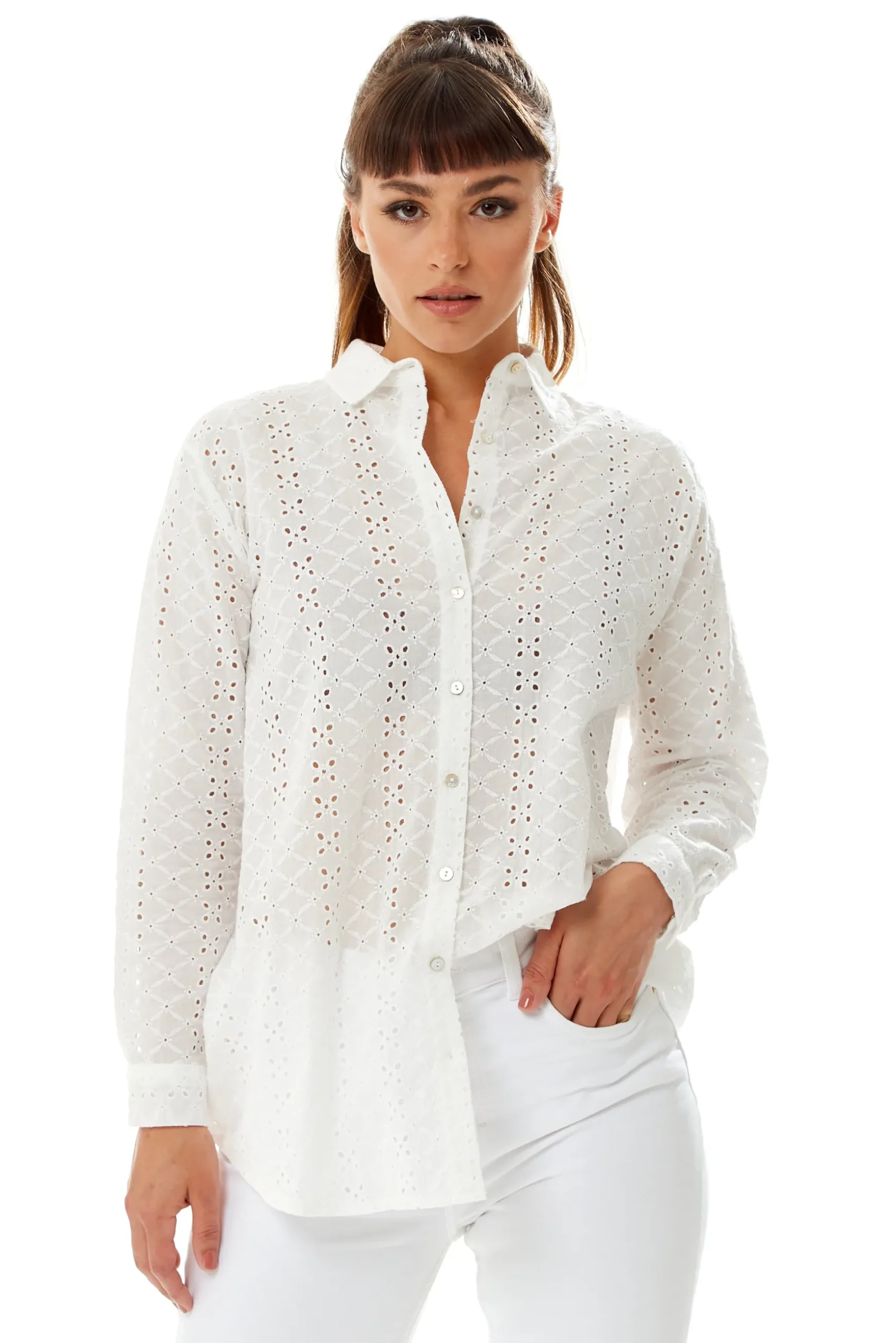 White Broderie Button-Up Shirt