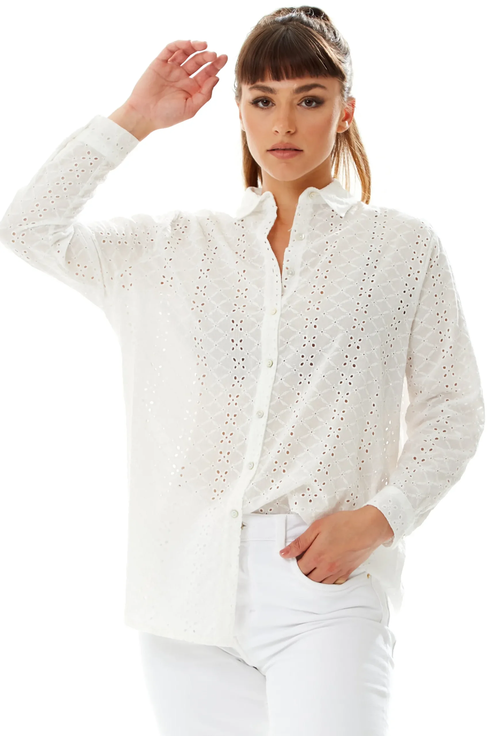 White Broderie Button-Up Shirt