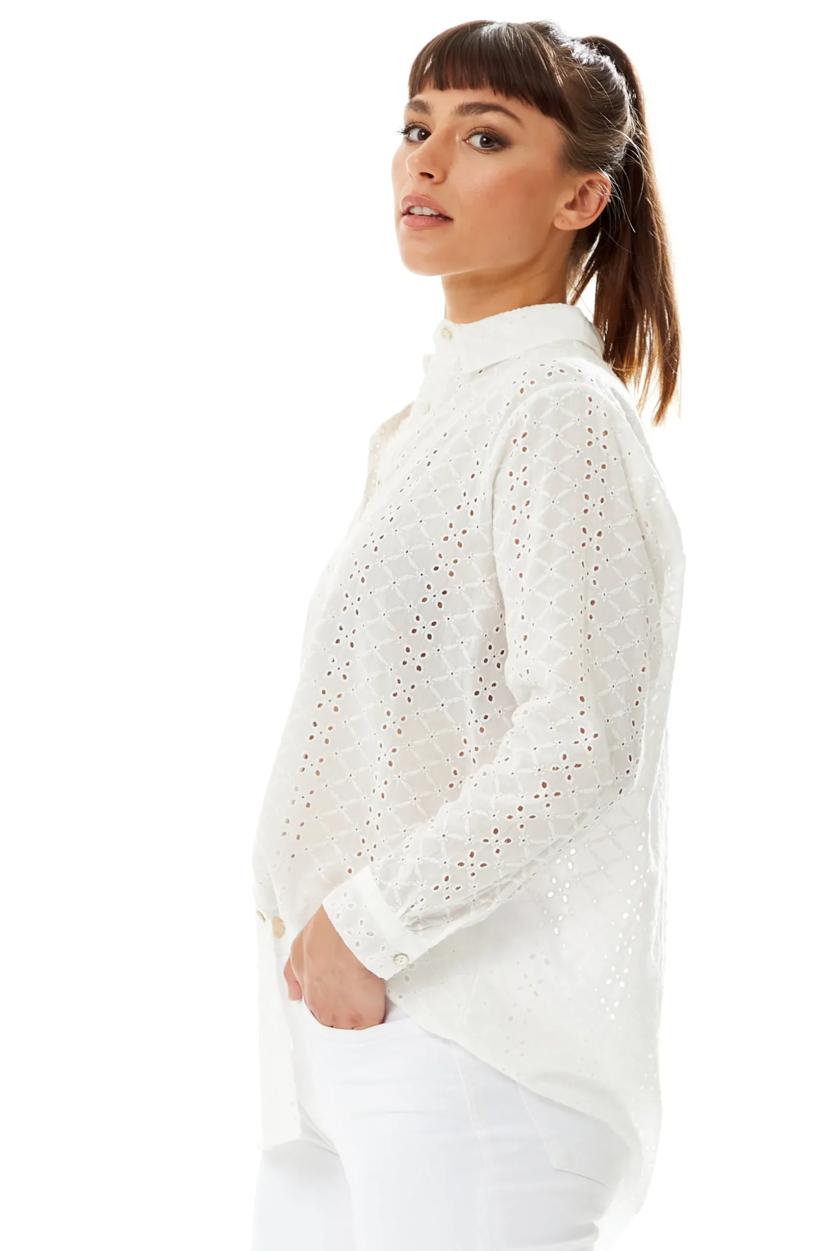 White Broderie Button-Up Shirt