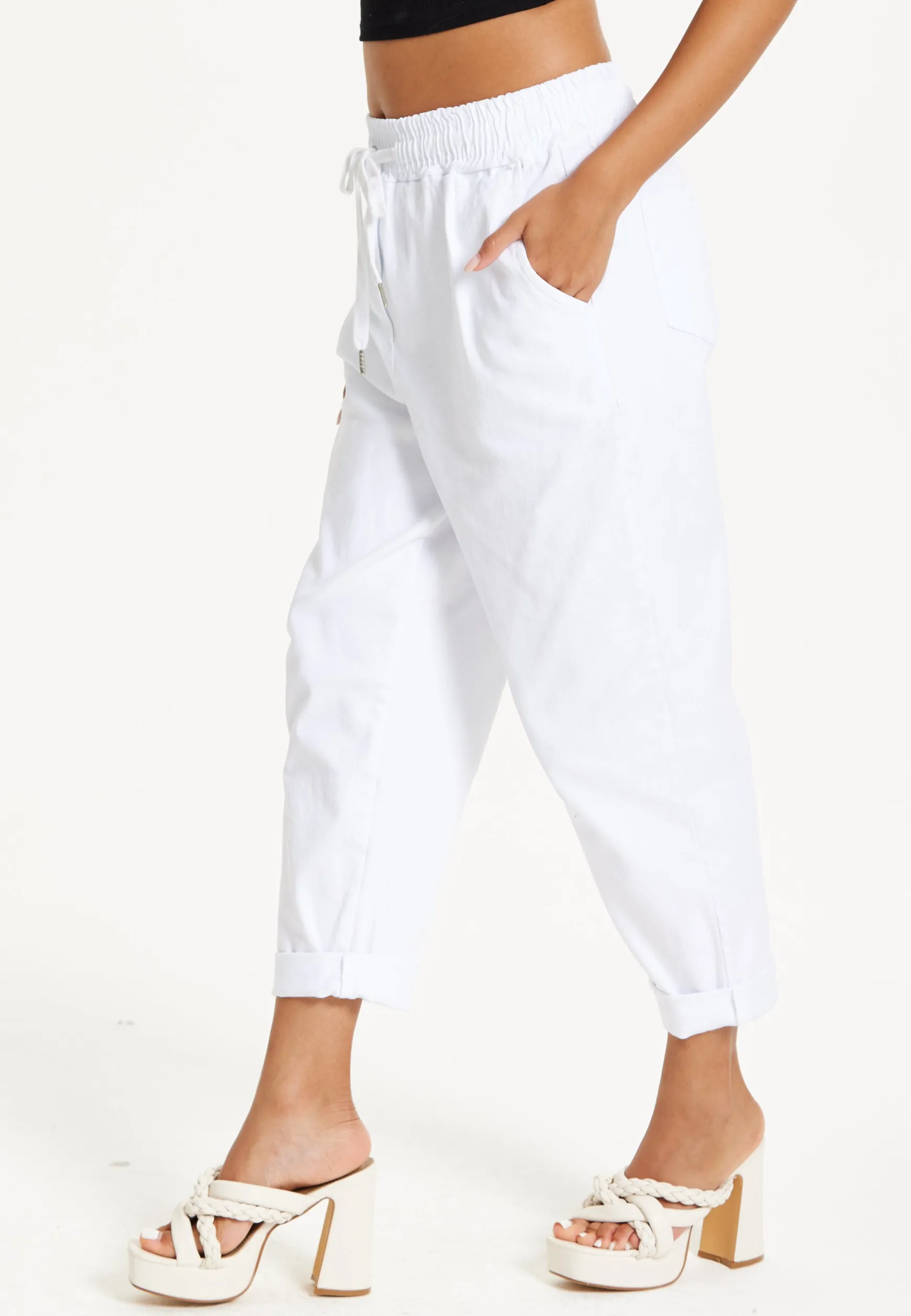 White Cropped Drawstring Trousers