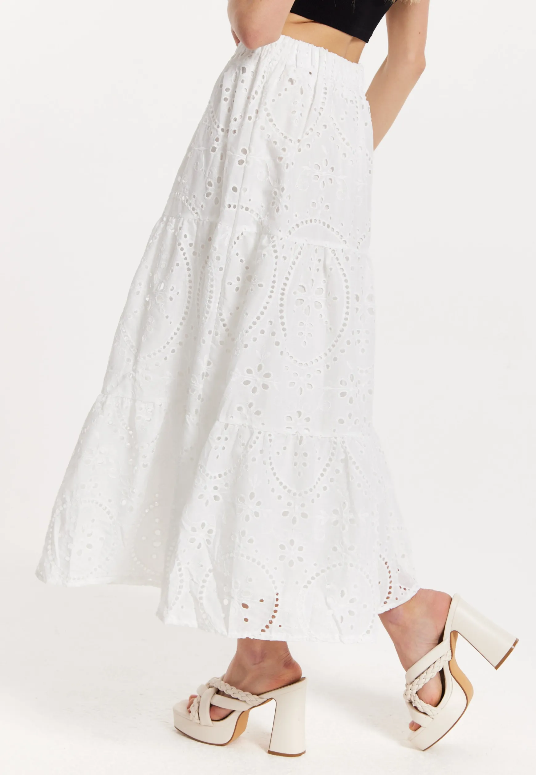 White Embroidered Lace Maxi Skirt