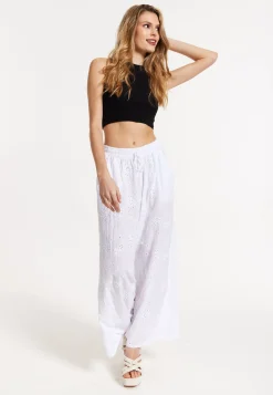 White Embroidered Wide Leg Trousers