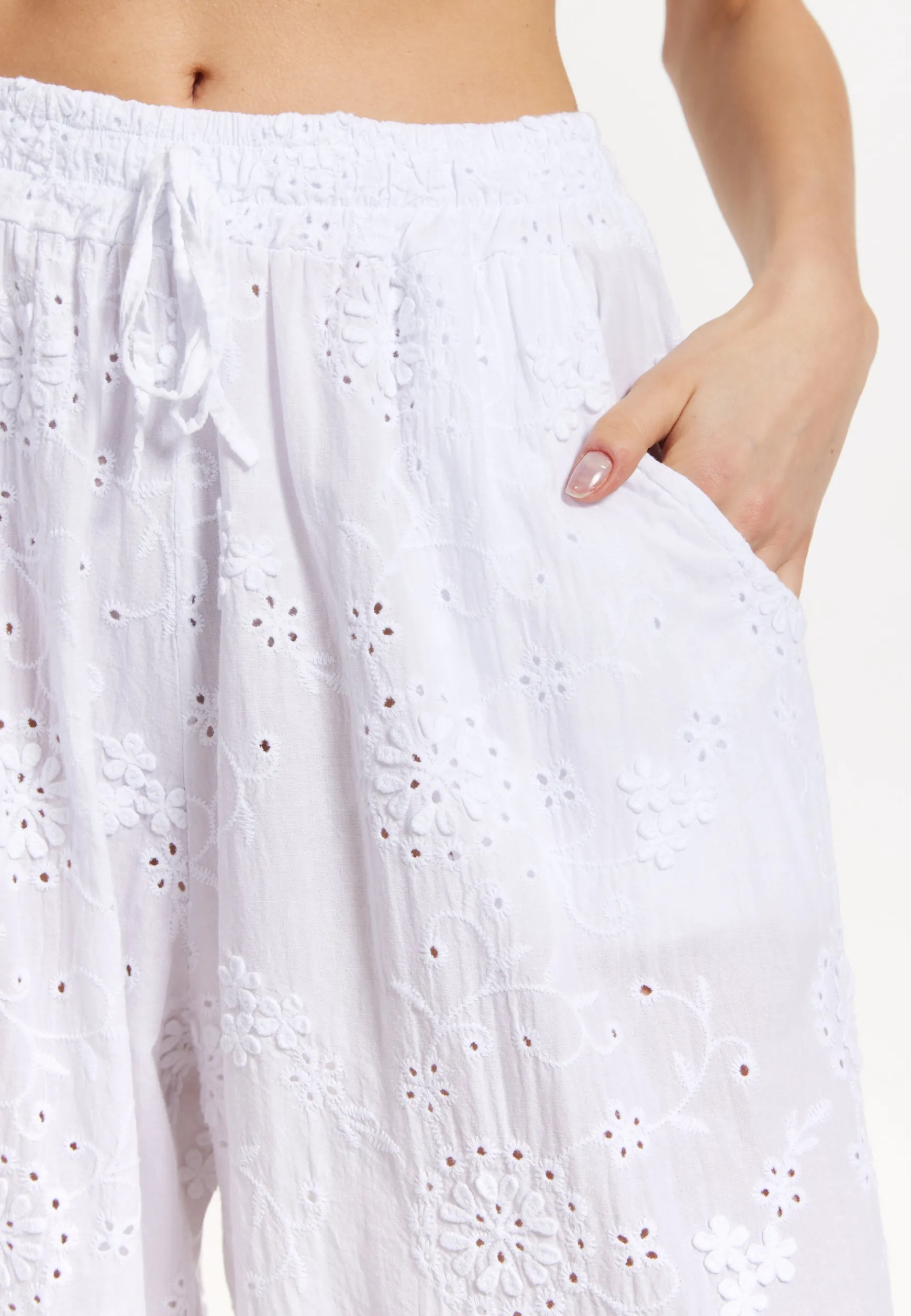 White Embroidered Wide Leg Trousers