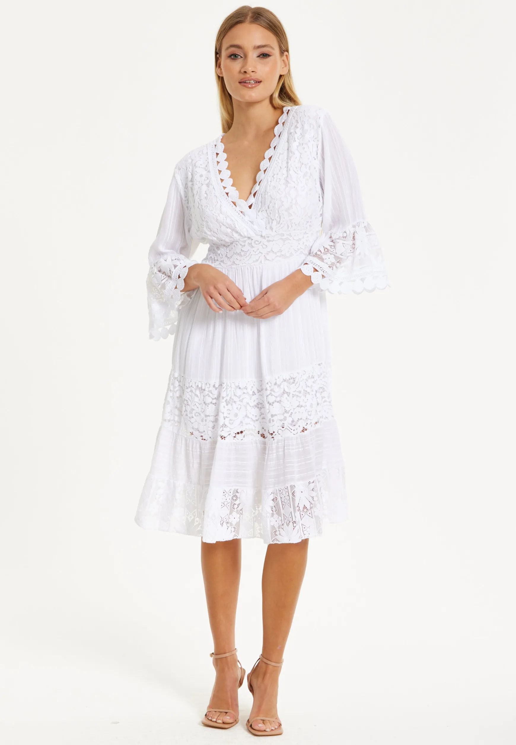 White Lace Flared Sleeve Midi Dress