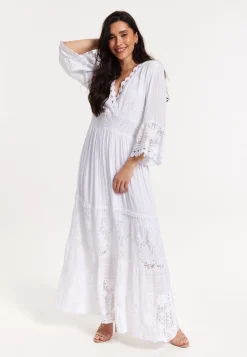 White Lace Maxi Dress with Flared Sleeves