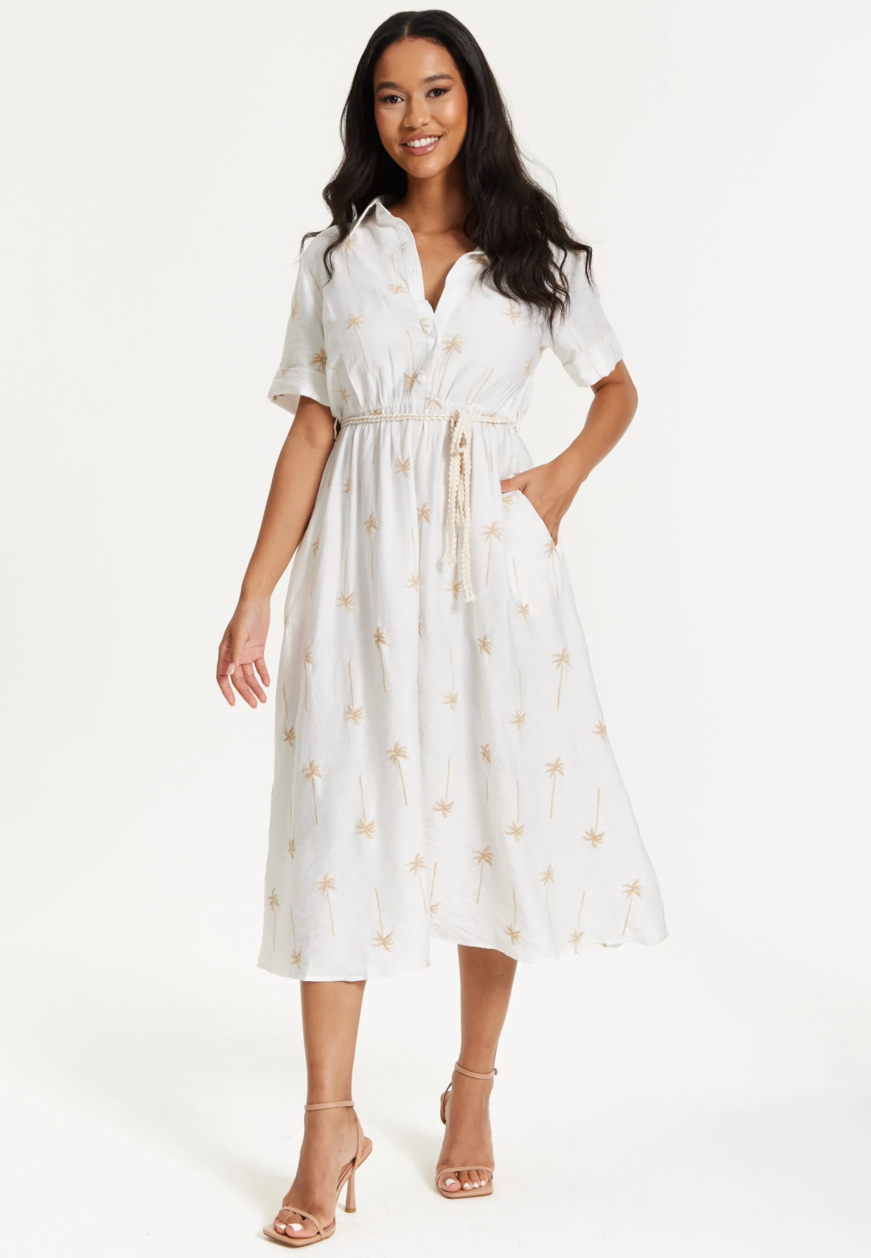 White Palm Print Shirt Midi Dress
