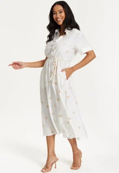 White Palm Print Shirt Midi Dress