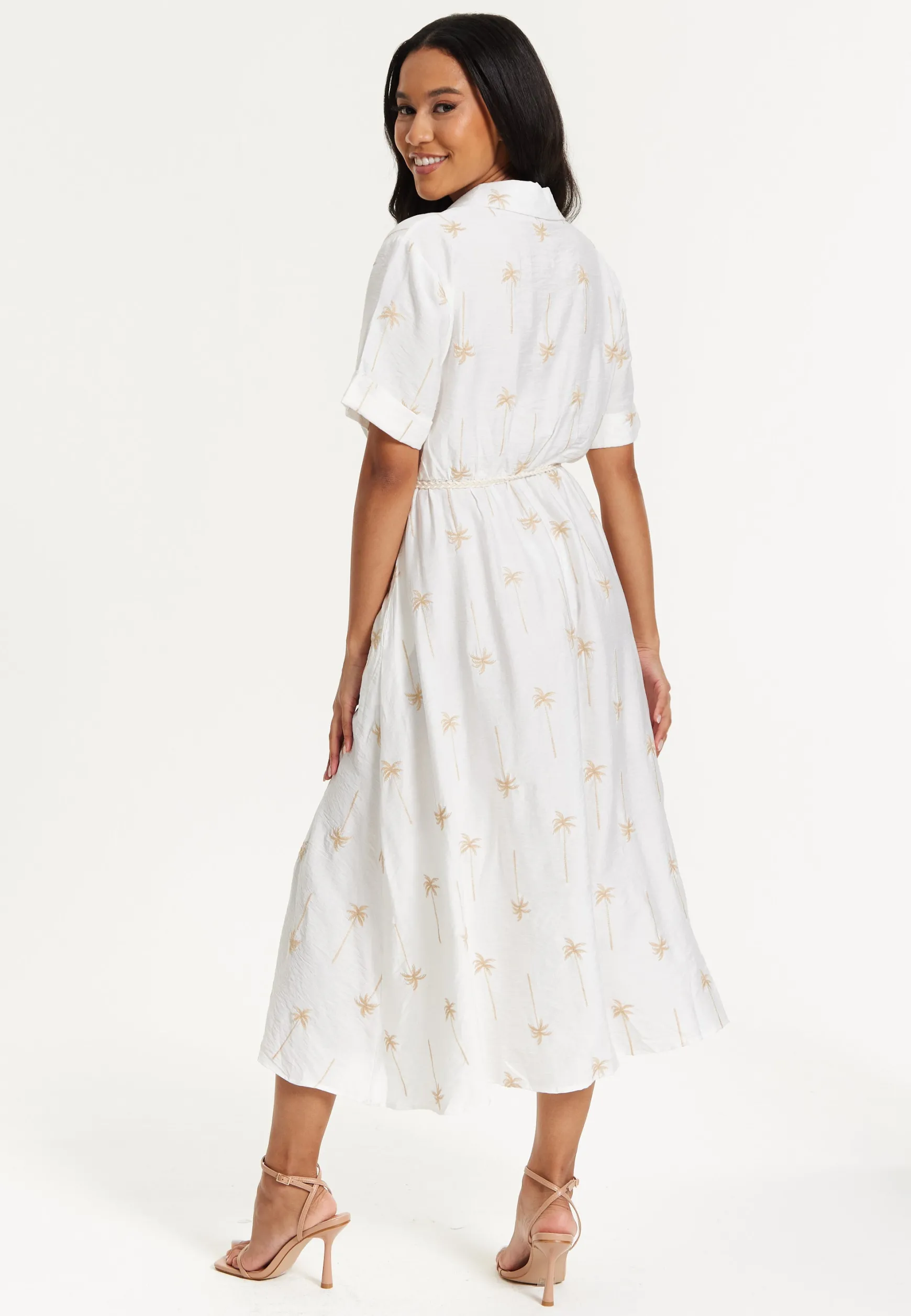 White Palm Print Shirt Midi Dress