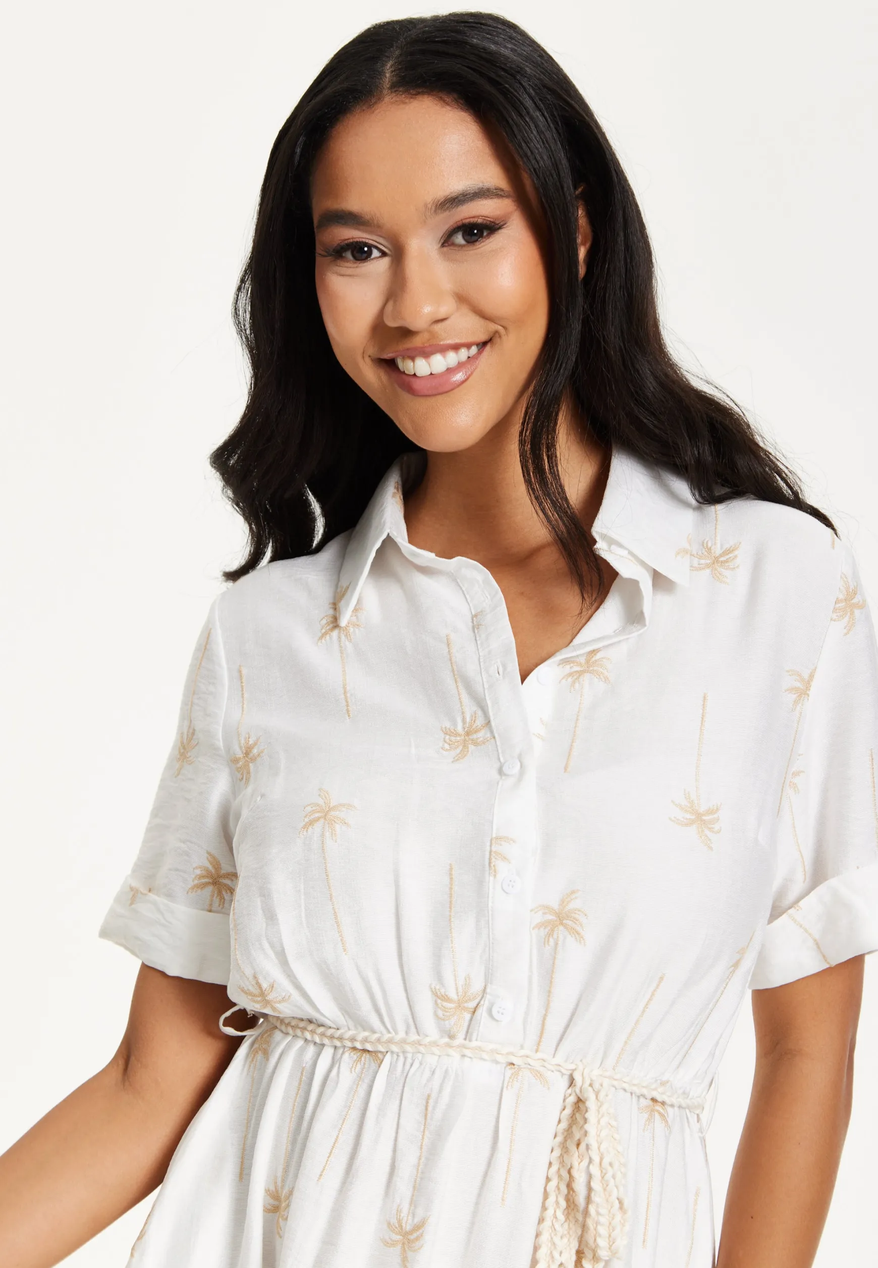 White Palm Print Shirt Midi Dress