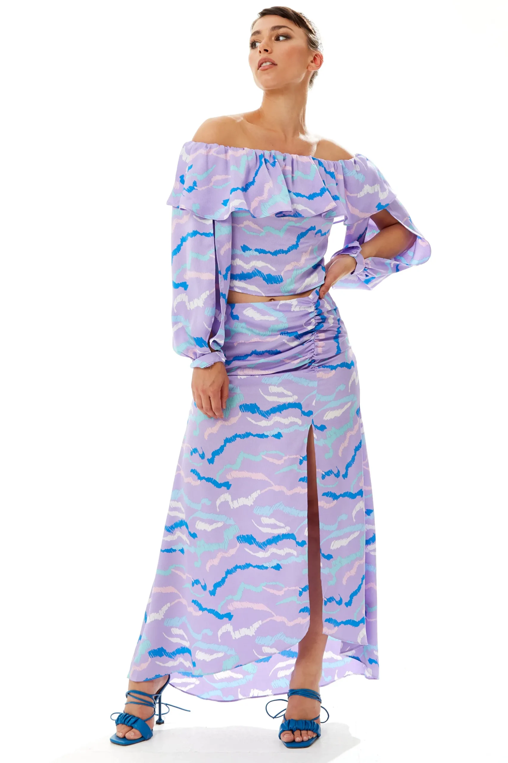 Women's Abstract Print Gathered Front Slit Maxi Skirt - Regular Fit, 100% Polyester, in Stunning Colors - Liquorish