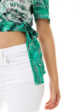 Women's Abstract Print Short Sleeve Wrap Top in Contrast Colours with V Neck and Matching Tie Waist