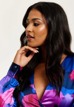 Women's Abstract Print Wrap Top in Blue and Purple with Long Sleeves, Deep V-Neckline, and Crop Fit for Date Night