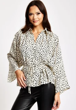 Women's Animal Print Shirt with Long Sleeves, Button-Up Front, Tie Waist, Shirt Collar, Regular Fit