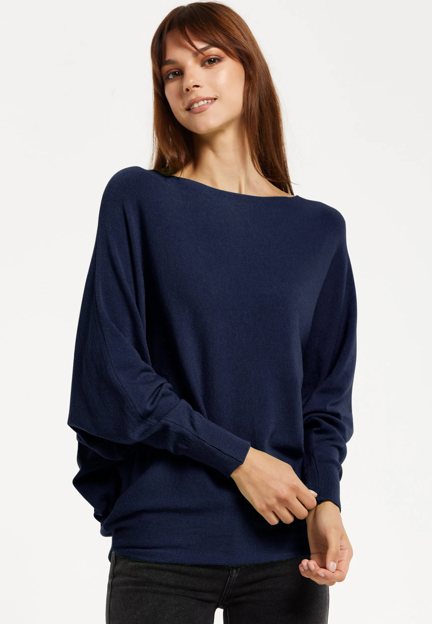 Women's Back Pearl-Button Detail Navy Jumper with Batwing Sleeves - Elegant and Versatile for Any Occasion