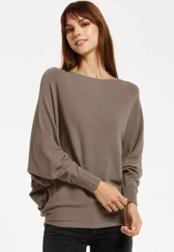 Women's Back Pearl-Button Detail Brown Jumper with Batwing Sleeves, Relaxed Fit, Chic Layering Essential