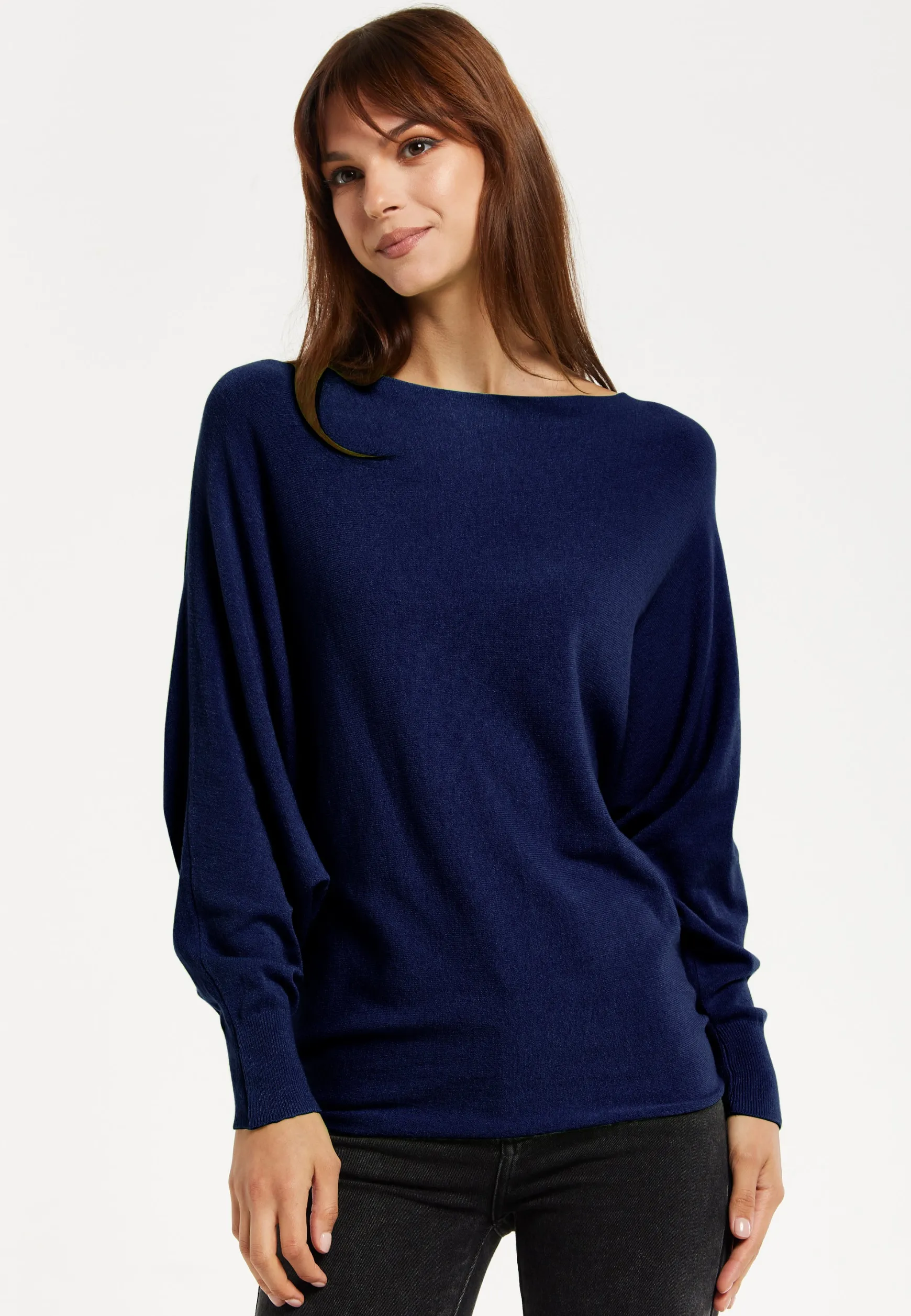 Women's Back Pearl-Button Detail Navy Jumper with Batwing Sleeves - Elegant and Versatile for Any Occasion