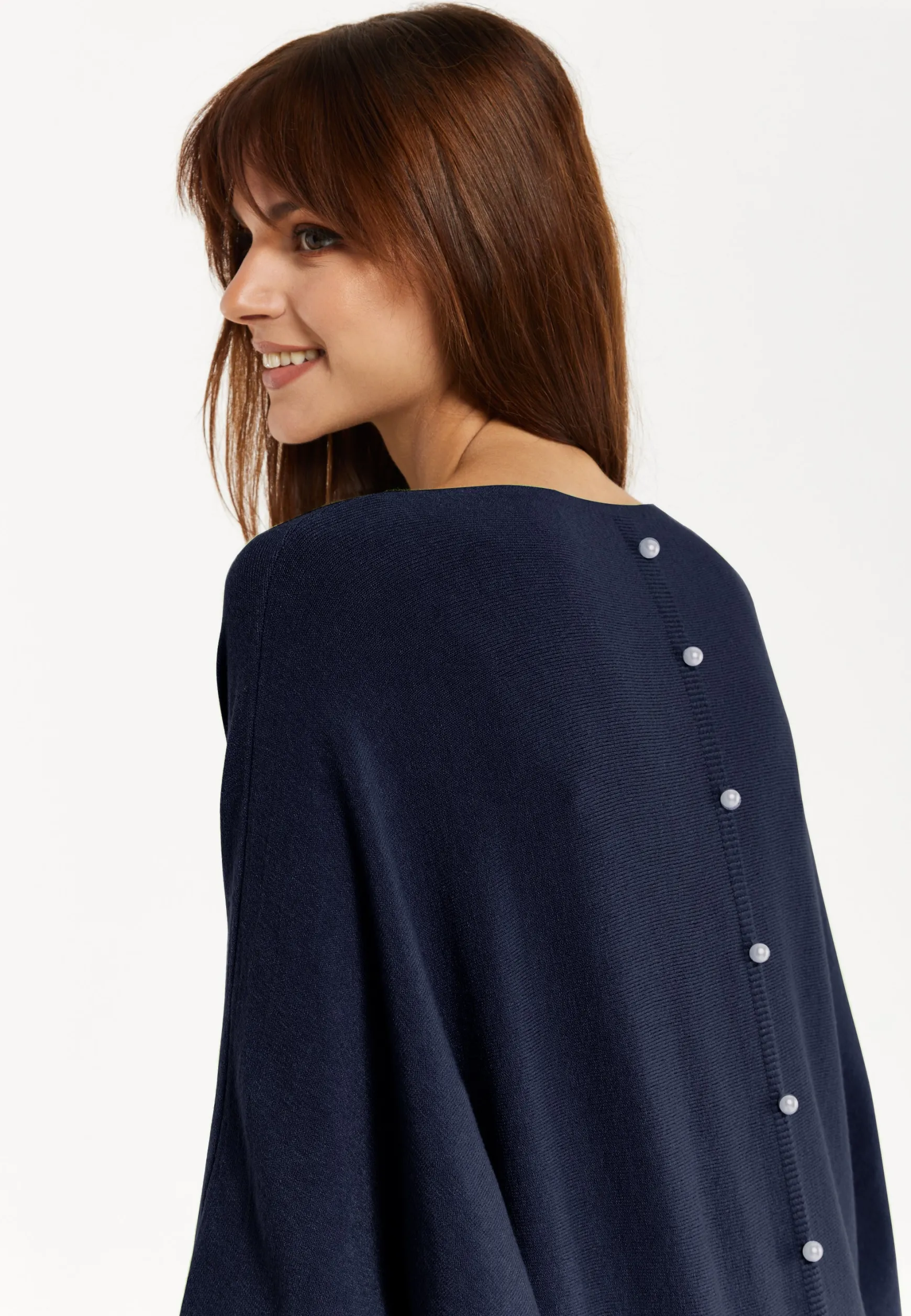 Women's Back Pearl-Button Detail Navy Jumper with Batwing Sleeves - Elegant and Versatile for Any Occasion