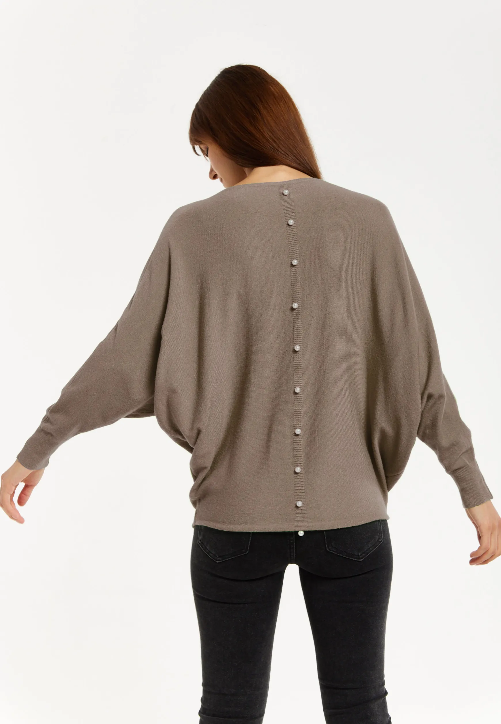 Women's Back Pearl-Button Detail Brown Jumper with Batwing Sleeves, Relaxed Fit, Chic Layering Essential