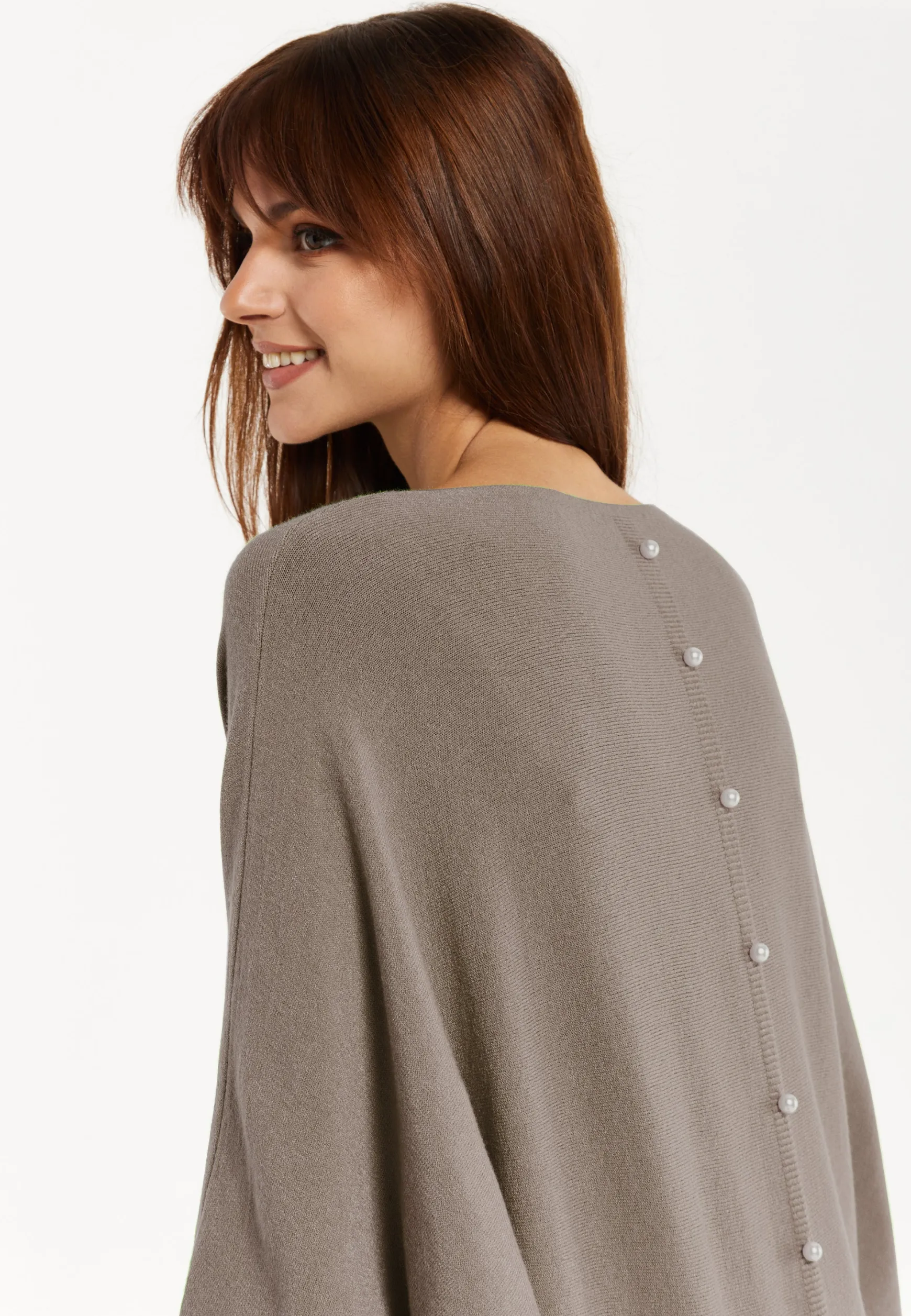 Women's Back Pearl-Button Detail Brown Jumper with Batwing Sleeves, Relaxed Fit, Chic Layering Essential