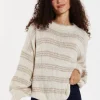Women's Beige Oversized Knitted Jumper with Long Sleeves and Bold Stripes - Liquorish