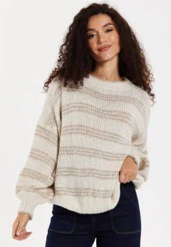 Women's Beige Oversized Knitted Jumper with Long Sleeves and Bold Stripes - Liquorish