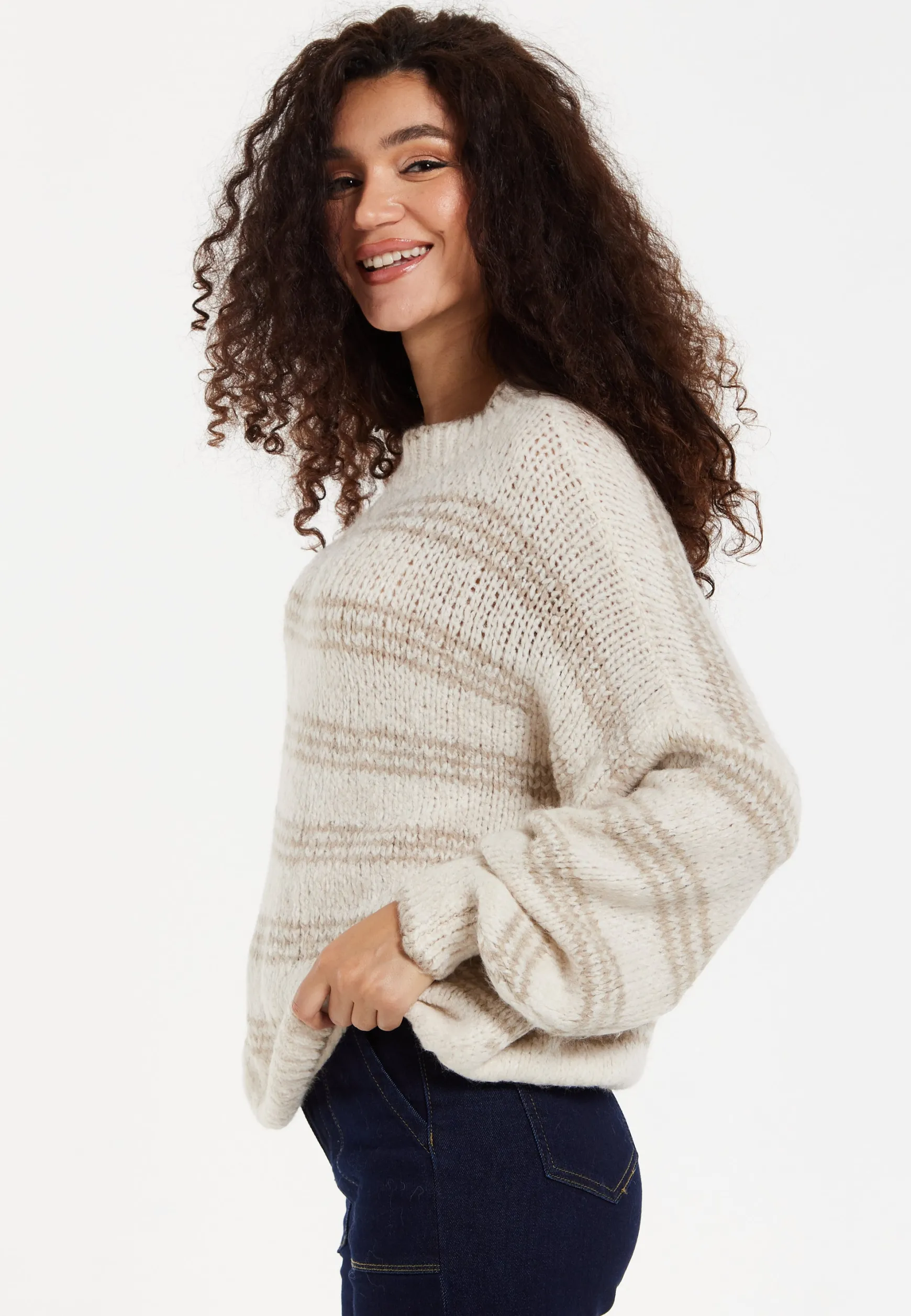 Women's Beige Oversized Knitted Jumper with Long Sleeves and Bold Stripes - Liquorish