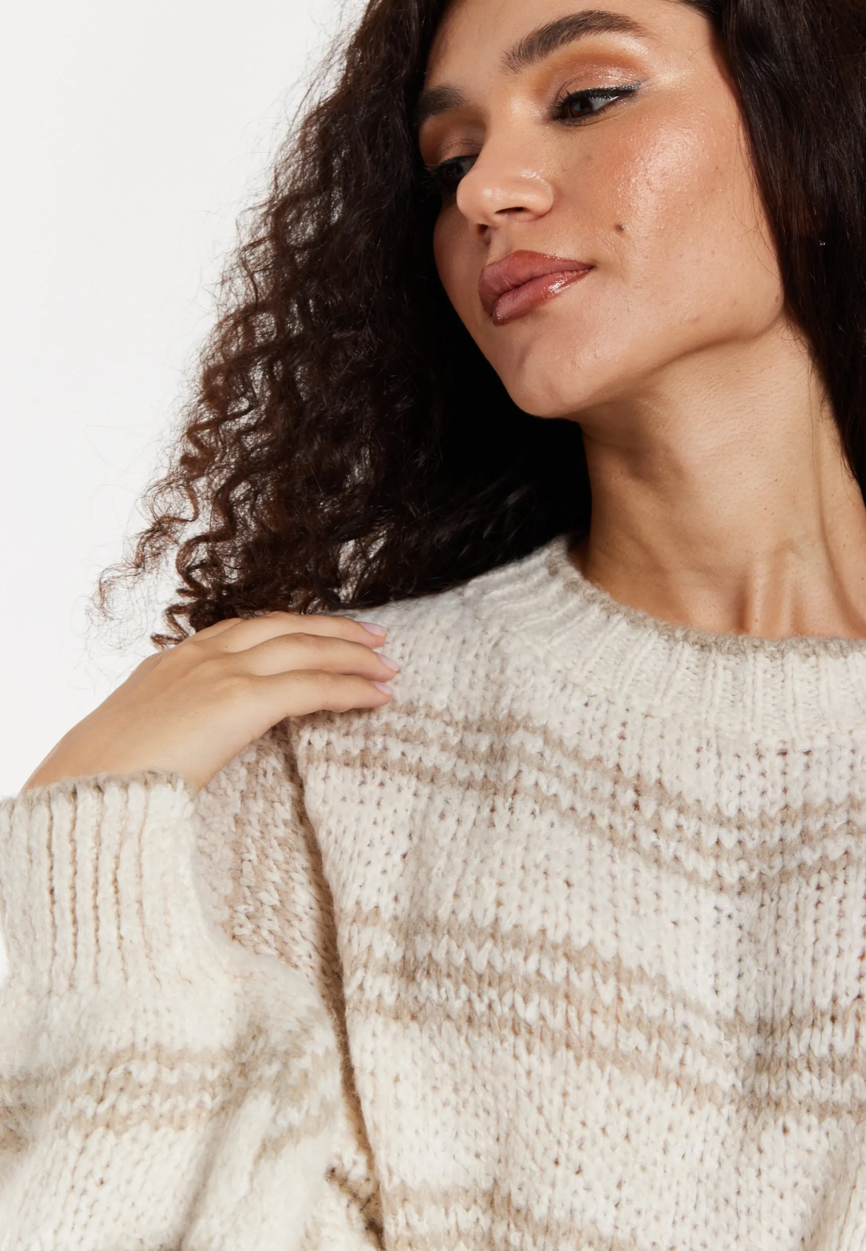 Women's Beige Oversized Knitted Jumper with Long Sleeves and Bold Stripes - Liquorish