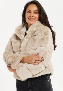 Women's Beige Puffer Jacket with High Collar, Zip Detail, Plush Padding, Cozy Warmth - Liquorish