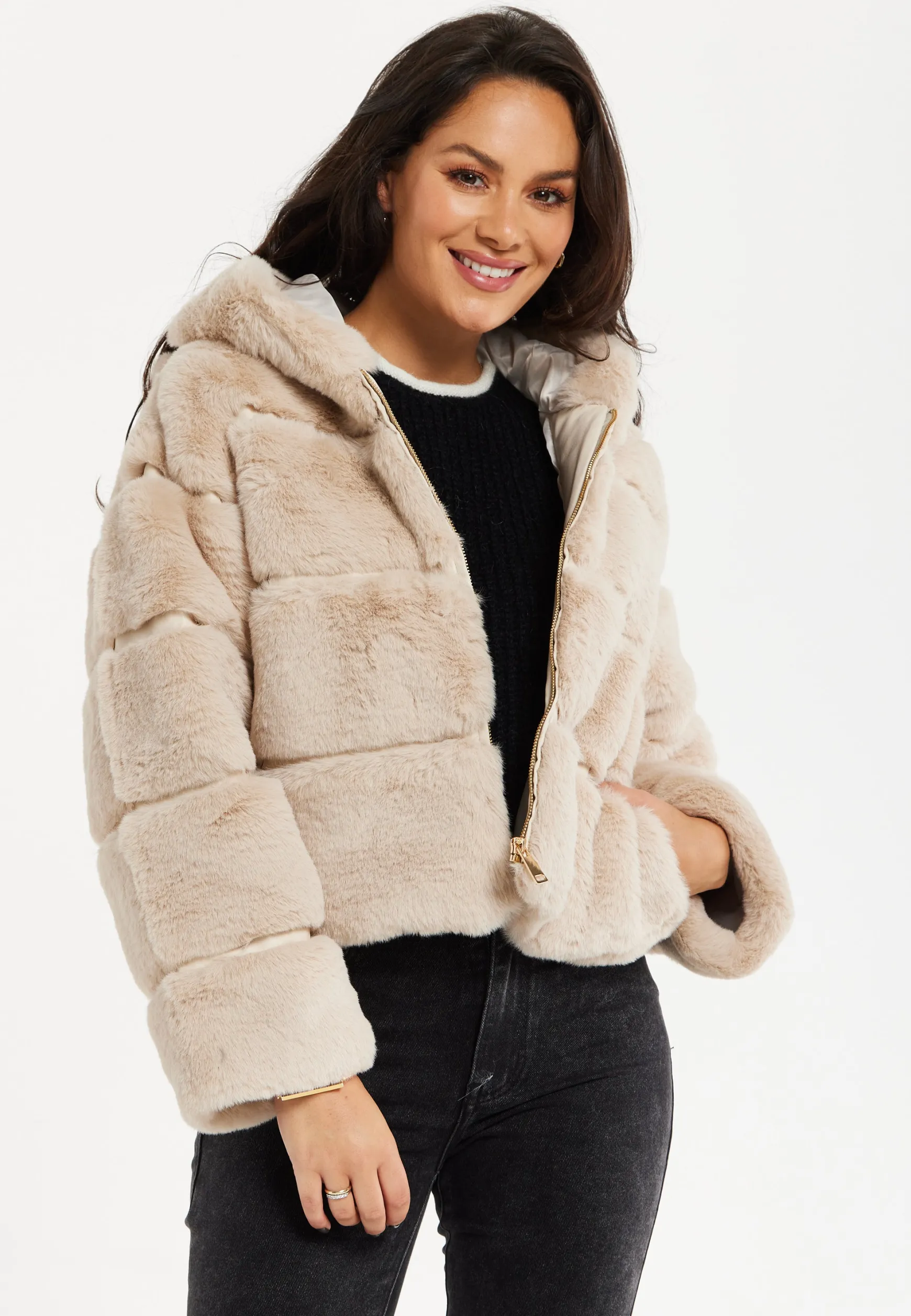 Women's Beige Puffer Jacket with High Collar, Zip Detail, Plush Padding, Cozy Warmth - Liquorish