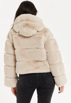 Women's Beige Puffer Jacket with High Collar, Zip Detail, Plush Padding, Cozy Warmth - Liquorish