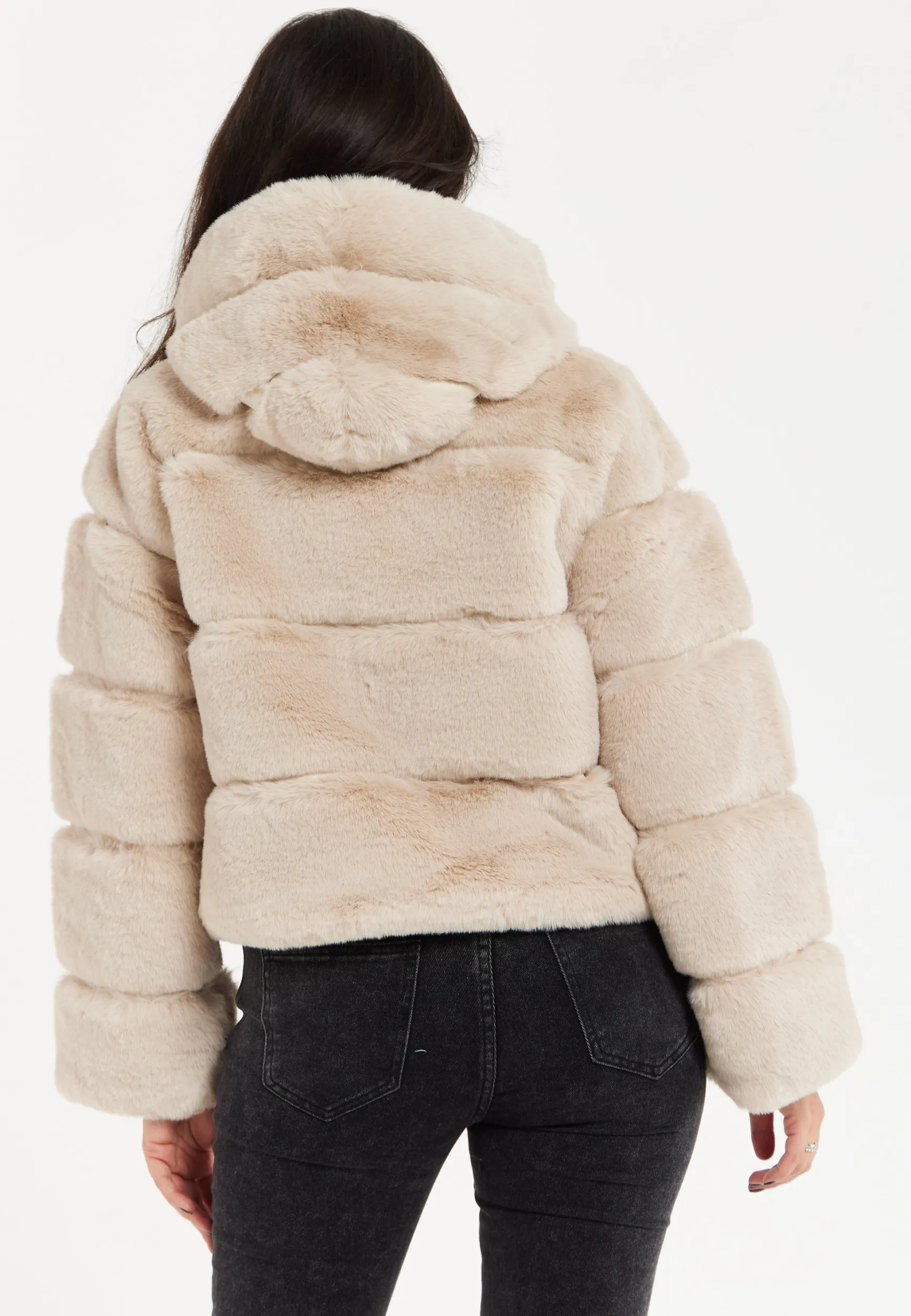 Women's Beige Puffer Jacket with High Collar, Zip Detail, Plush Padding, Cozy Warmth - Liquorish