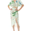 Women's Bird Print Ruched Front Crop Top with Short Sleeves in Mint Green - Summer Ready V Neck Design