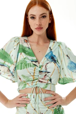 Women's Bird Print Ruched Front Crop Top with Short Sleeves in Mint Green - Summer Ready V Neck Design