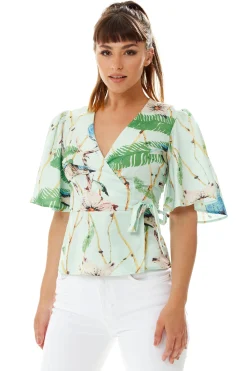 Women's Bird Print Wrap Top with V Neck, Mint Green, Cross Over Front, Perfect for Summer, Regular Fit, Co-ord Set