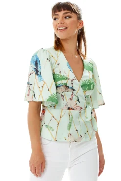 Women's Bird Print Wrap Top with V Neck, Mint Green, Cross Over Front, Perfect for Summer, Regular Fit, Co-ord Set