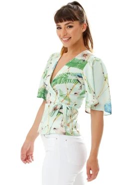 Women's Bird Print Wrap Top with V Neck, Mint Green, Cross Over Front, Perfect for Summer, Regular Fit, Co-ord Set