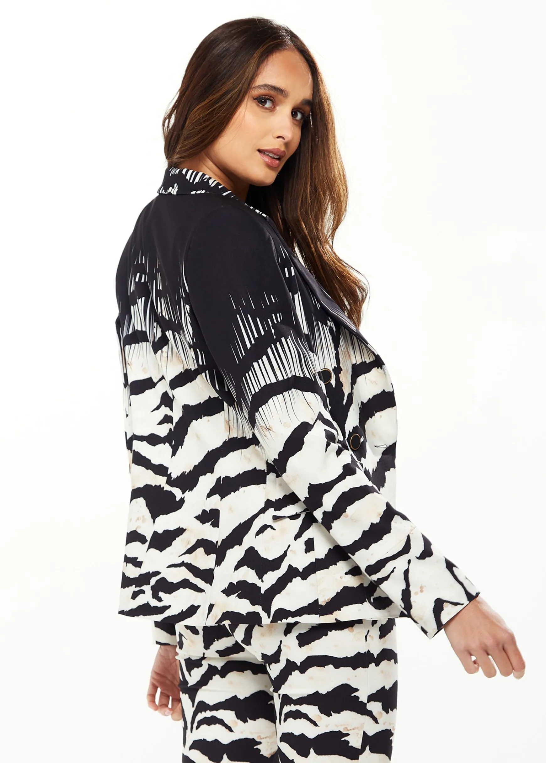 Women's Black & White Ombre Zebra Print Blazer with Collar, Single Button, and Back Slit - Liquorish