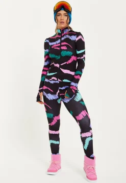Women's Black Abstract Print Ski Base Layer Top with Zip Fastening and Thumbhole Cuffs for Comfort and Fit