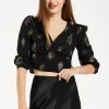 Women's Black Embroidered Top with Mesh Puff Sleeves and Front Buttons - 3/4 Sleeve Length, Regular Fit, True to Size