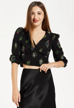 Women's Black Embroidered Top with Mesh Puff Sleeves and Front Buttons - 3/4 Sleeve Length, Regular Fit, True to Size