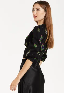 Women's Black Embroidered Top with Mesh Puff Sleeves and Front Buttons - 3/4 Sleeve Length, Regular Fit, True to Size