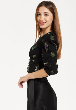 Women's Black Embroidered Top with Mesh Puff Sleeves and Front Buttons - 3/4 Sleeve Length, Regular Fit, True to Size