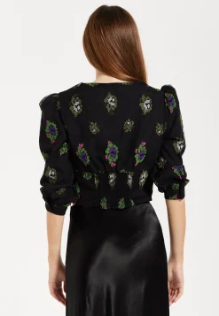 Women's Black Embroidered Top with Mesh Puff Sleeves and Front Buttons - 3/4 Sleeve Length, Regular Fit, True to Size
