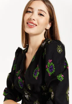 Women's Black Embroidered Top with Mesh Puff Sleeves and Front Buttons - 3/4 Sleeve Length, Regular Fit, True to Size