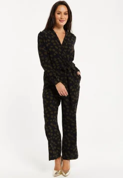 Women's Black Floral Wrap Jumpsuit with Long Sleeves and Tie Belt - Effortless Elegance by Liquorish