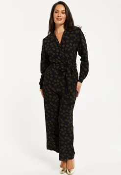 Women's Black Floral Wrap Jumpsuit with Long Sleeves and Tie Belt - Effortless Elegance by Liquorish