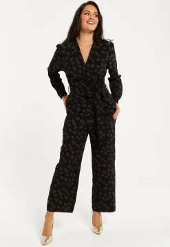 Women's Black Floral Wrap Jumpsuit with Long Sleeves and Tie Belt - Effortless Elegance by Liquorish