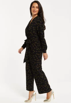 Women's Black Floral Wrap Jumpsuit with Long Sleeves and Tie Belt - Effortless Elegance by Liquorish