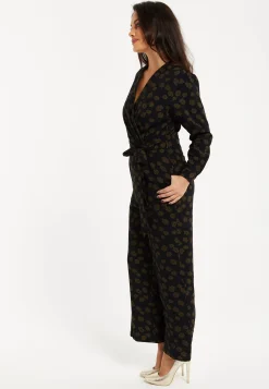 Women's Black Floral Wrap Jumpsuit with Long Sleeves and Tie Belt - Effortless Elegance by Liquorish
